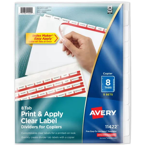 Avery&reg; Print & Apply Clear Label Dividers, Index Maker&reg; Easy Peel&reg; Printable Labels for Copiers, 8 White Tabs, 5 Sets (11422)