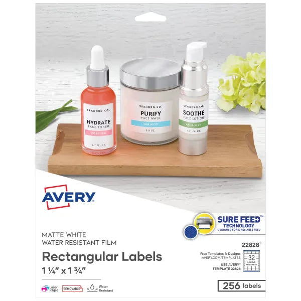Avery&reg; 1-1/4" x 1-3/4" Water Resistant Rectangle Labels, 256 Labels, Removable Adhesive, White (22828)