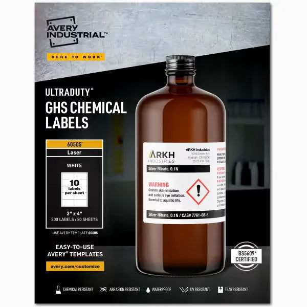 Avery&reg; UltraDuty&reg; GHS Chemical Labels, Permanent Adhesive, Waterproof, UV Resistant, 2" x 4", 500 Labels (60505)