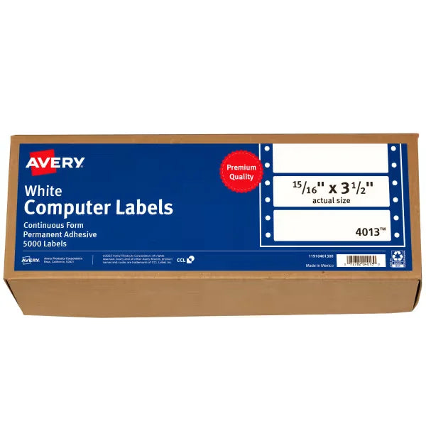 Avery&reg; White Computer Labels, 15/16" x 3-1/2", Dot Matrix Labels and Pin-Feed Labels, 5,000 Total (4013)