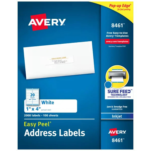 Avery&reg; Easy Peel&reg; Address Labels, Sure Feed&trade; Technology, Permanent Adhesive, 1" x 4", 2,000 Labels (8461)