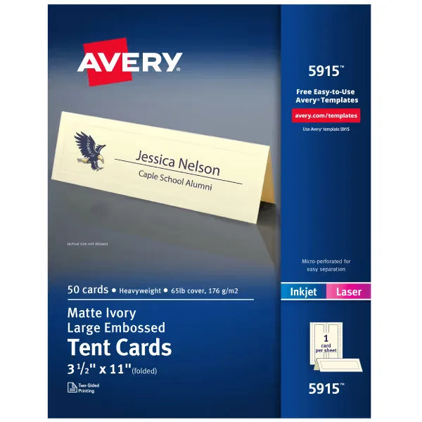 Avery&reg; Embossed Tent Card, 3-1/2" x 11", Ivory, 50 Printable Place Cards (5915)