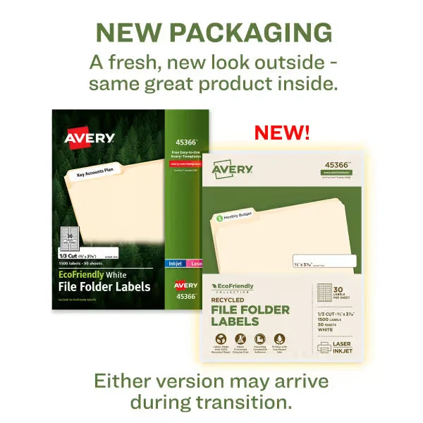 Avery&reg; EcoFriendly Recycled File Folder Labels, 2/3" x 3-7/16", White, Permanent, 1,500 Printable Labels (45366)