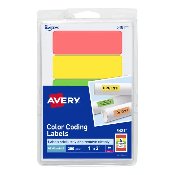 Avery&reg; Removable Color-Coding Labels, Removable Adhesive, Assorted Neon Colors, 1" x 3", 200 Labels (5481)