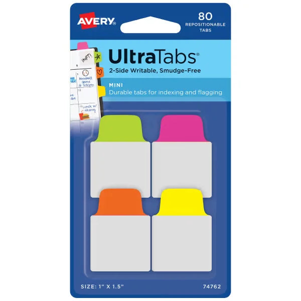 Avery&reg; Ultra Tabs&reg;, Assorted Neon Colors, 1" x 1.5", 80 Repositionable Mini Tabs, 2-Side Writable (74762)