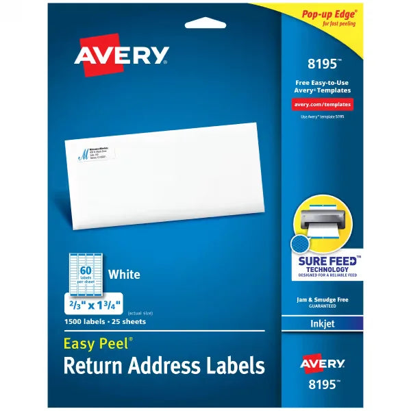 Avery&reg; Easy Peel&reg; Return Address Labels, Sure Feed&trade; Technology, Permanent Adhesive, 2/3" x 1-3/4", 1,500 Labels (8195)