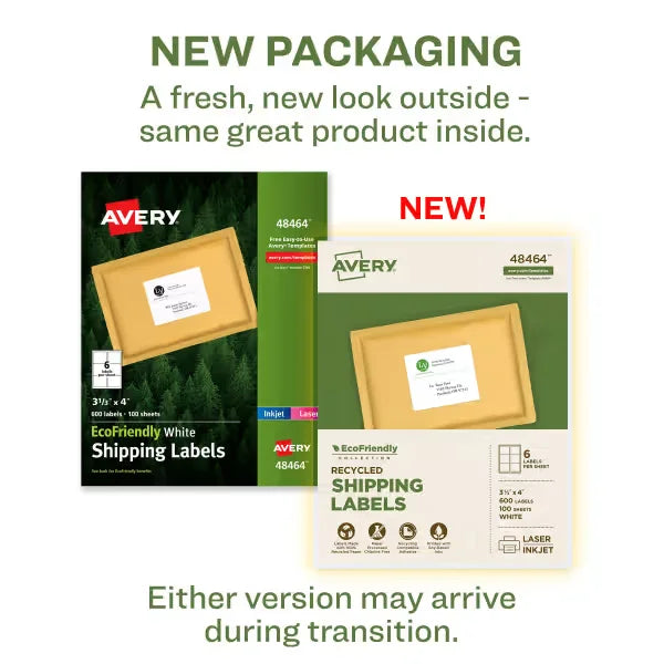 Avery&reg; EcoFriendly Recycled Shipping Labels, 3-1/3" x 4", White, Permanent, 600 Printable Labels (48464)