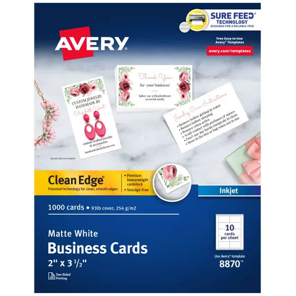 Avery&reg; Clean Edge&reg; Business Cards with Sure Feed Technology, 2" x 3-1/2", White, 1,000 Blank Cards (08870)
