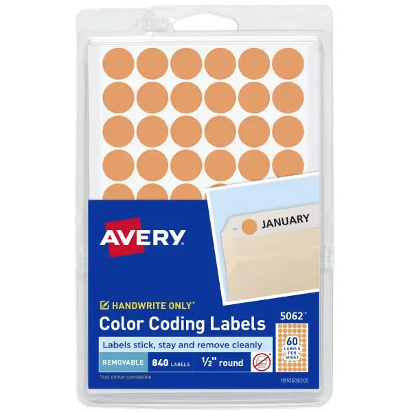 Avery&reg; Color-Coding Removable Labels, 1/2 Inch Round Stickers, Neon Orange, Non-Printable, 840 Dot Stickers Total (5062)