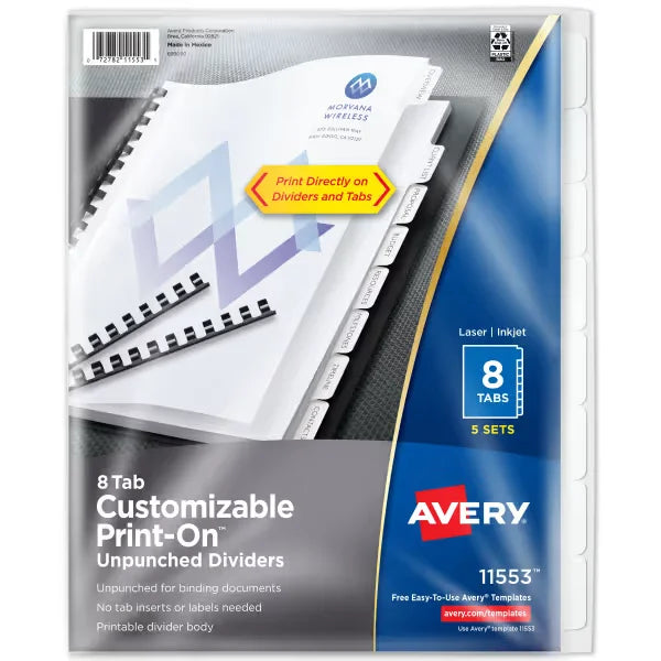 Avery&reg; Unpunched Print-On&trade; Dividers, 8 Tabs, 5 Sets (11553)