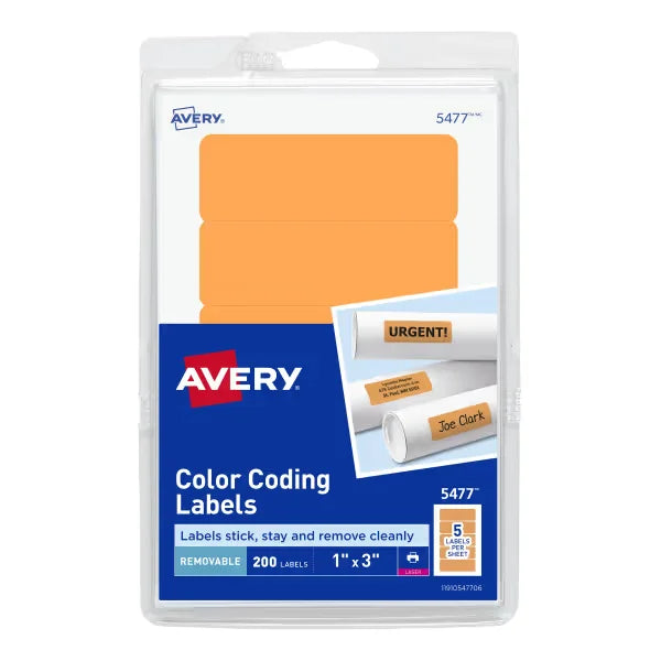 Avery&reg; Removable Color-Coding Labels, Removable Adhesive, Neon Orange, 1" x 3", 200 Labels (5477)