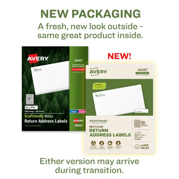 Avery&reg; EcoFriendly Recycled Return Address Labels, 1/2" x 1-3/4", White, Permanent, 8,000 Printable Labels (48467)