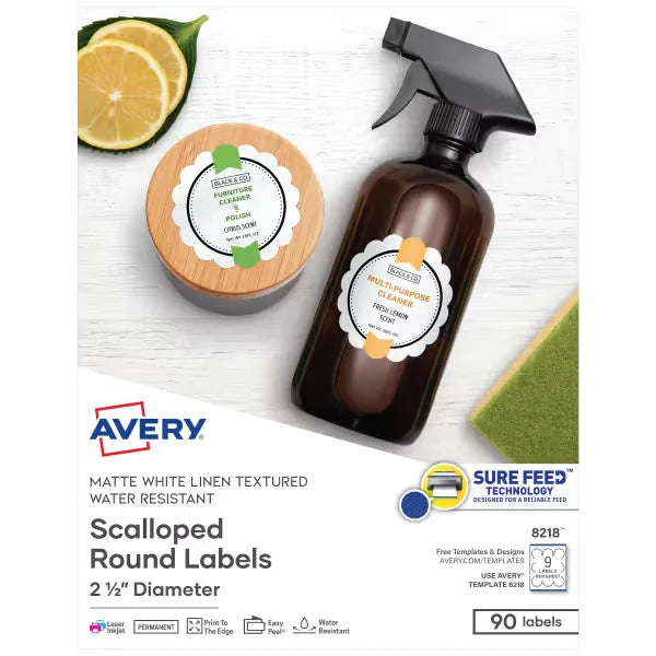 Avery&reg; 2-1/2" Diameter Scallop Round Labels with Sure Feed&trade;, Textured Matte White, 90 Labels, Permanent Adhesive (8218)