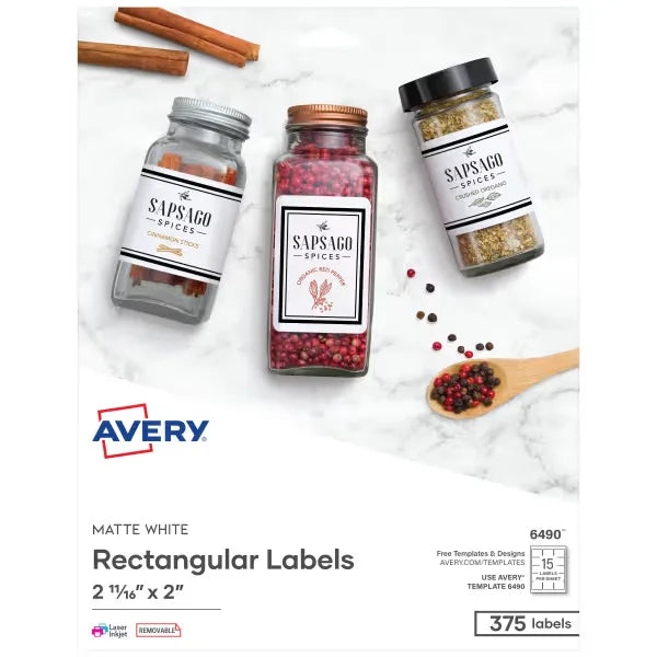 Avery&reg; 2-11/16" x 2" Rectangle Labels, 375 Labels, Removable Adhesive, Matte White (6490)