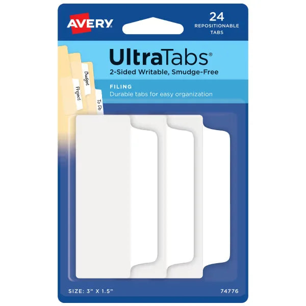 Avery&reg; Ultra Tabs&reg;, White, 3" x 1.5", 24 Repositionable Filing Tabs, 2-Sided Writable (74776)