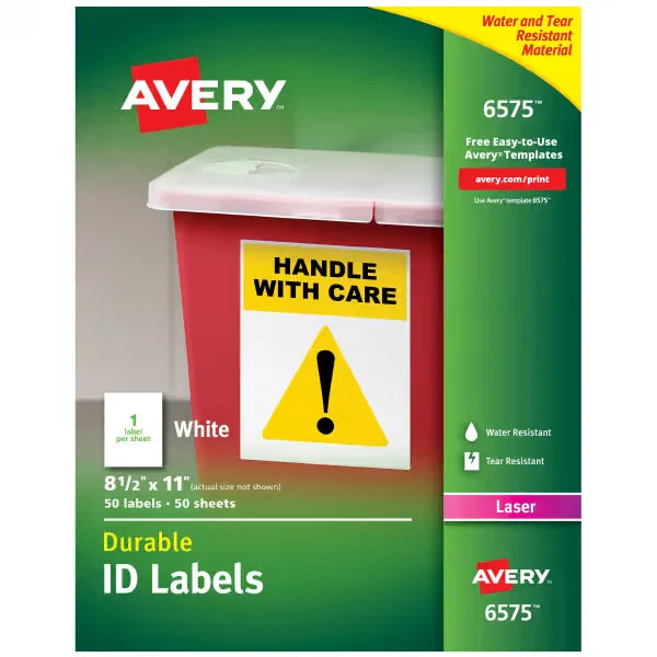 Avery&reg; Durable ID Labels, Permanent Adhesive, 8-1/2" x 11", 50 Labels (6575)