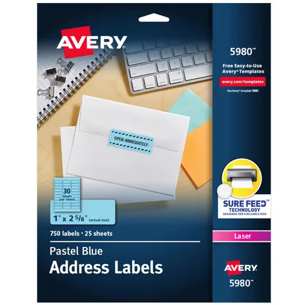 Avery&reg; Address Labels with Sure Feed&reg;, 1" x 2-5/8", Pastel Blue, Laser & Inkjet Compatible, 750 Labels (5980)