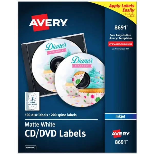 Avery&reg; CD Labels, Matte White, Permanent Adhesive, Inkjet Printers, 100 CD Labels & 200 Spine Labels (8691)