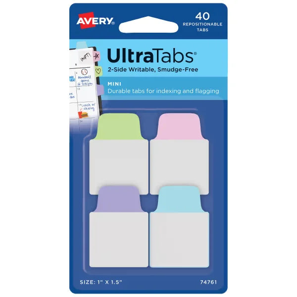 Avery&reg; Ultra Tabs&trade;, Mini Tabs, 1" x 1.5", 2-Side Writable, Assorted Pastel Colors, 40 Self Adhesive Tabs (74761)