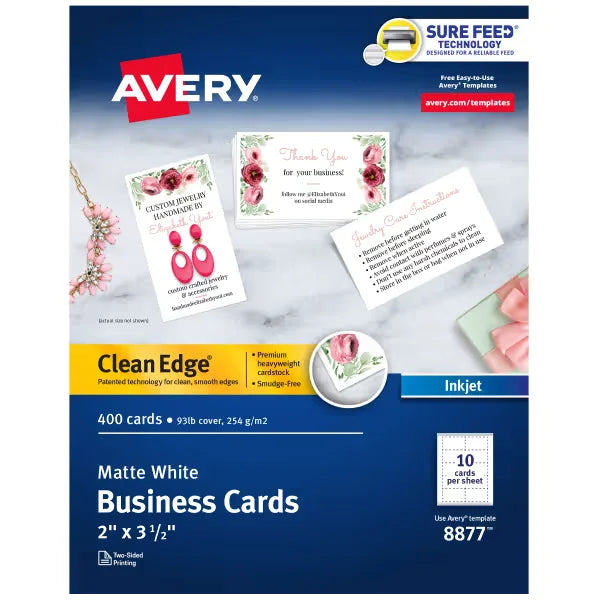 Avery&reg; Clean Edge&reg; Business Cards with Sure Feed Technology, 2" x 3-1/2", White, 400 Blank Cards (08877)