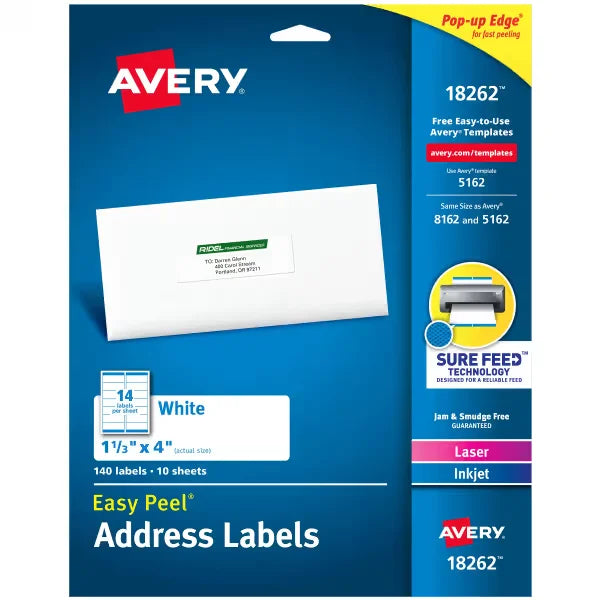 Avery&reg; Easy Peel&reg; Address Labels, Sure Feed&trade; Technology, Permanent Adhesive, 1-1/3" x 4", 140 Labels (18262)