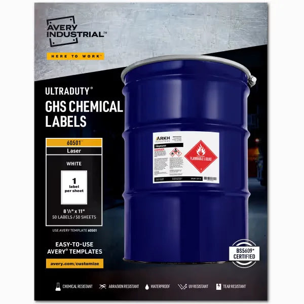 Avery&reg; UltraDuty&reg; GHS Chemical Labels for Laser Printers, Waterproof, UV Resistant, 8-1/2" x 11", 50 Labels (60501)