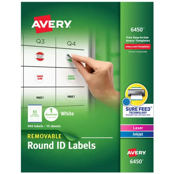 Avery Multiuse Removable Round Labels with Sure Feed, 945, 1", White Labels (6450)