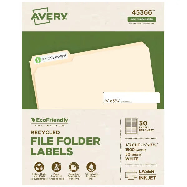 Avery&reg; EcoFriendly Recycled File Folder Labels, 2/3" x 3-7/16", White, Permanent, 1,500 Printable Labels (45366)