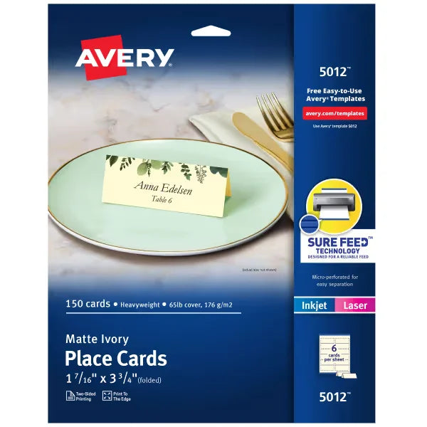 Avery&reg; Textured Place Cards with Sure Feed&reg; Technology, 1-7/16" x 3-3/4", Ivory, 150 Printable Tent Cards (5012)
