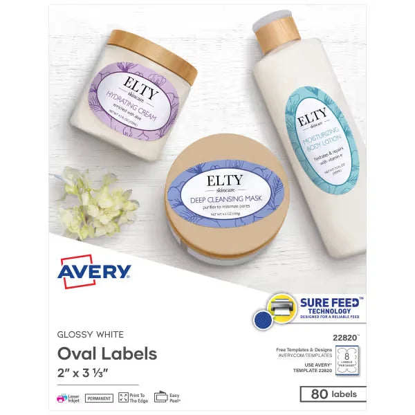 Avery&reg; Oval Labels, 2" x 3-1/3", Glossy White, Laser & Inkjet Compatible, 80 Labels Total (22820)