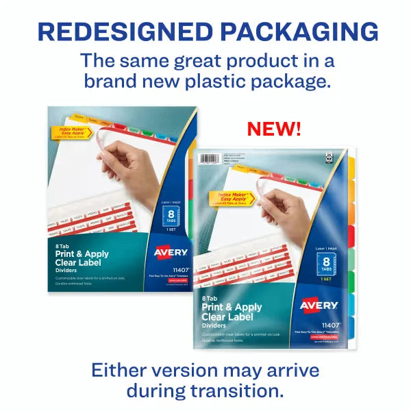 Avery&reg; Print & Apply Clear Label Dividers, Index Maker&reg; Easy Apply&trade; Printable Label Strip, 8 Multicolor Tabs (11407)
