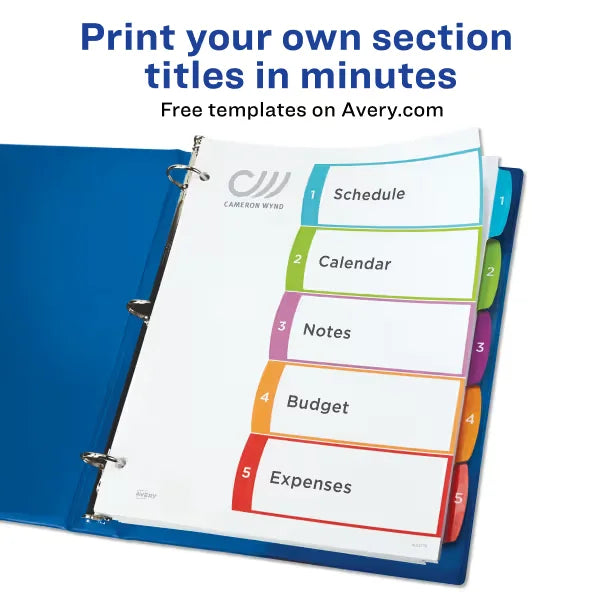 Avery&reg; Ready Index&reg; Dividers, 5 Tab Sets, Customizable Table of Contents, Multicolor Arched Tabs (11840)