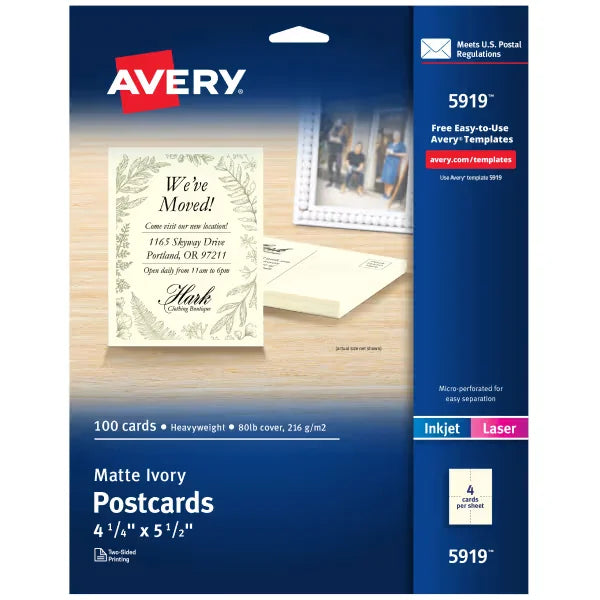 Avery&reg; Postcards, 4-1/4 x 5-1/2", Ivory, 100 Blank Postcards for Laser and Inkjet Printers (5919)