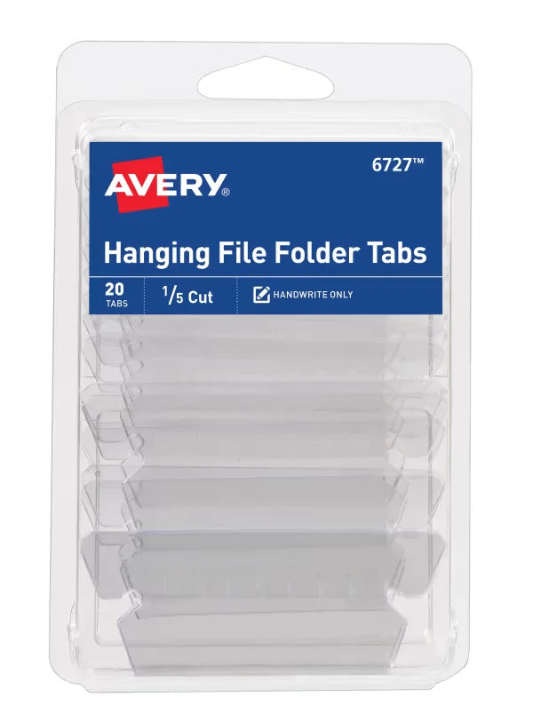 Avery&reg; Hanging File Folder Tabs and Inserts, 1/5 Cut, Clear, 20 File Folder Tabs and Inserts Total (06727)