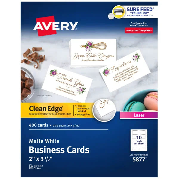 Avery&reg; Clean Edge&reg; Printable Business Cards with Sure Feed Technology, 2" x 3-1/2", White, 400 Blank Cards (05877)